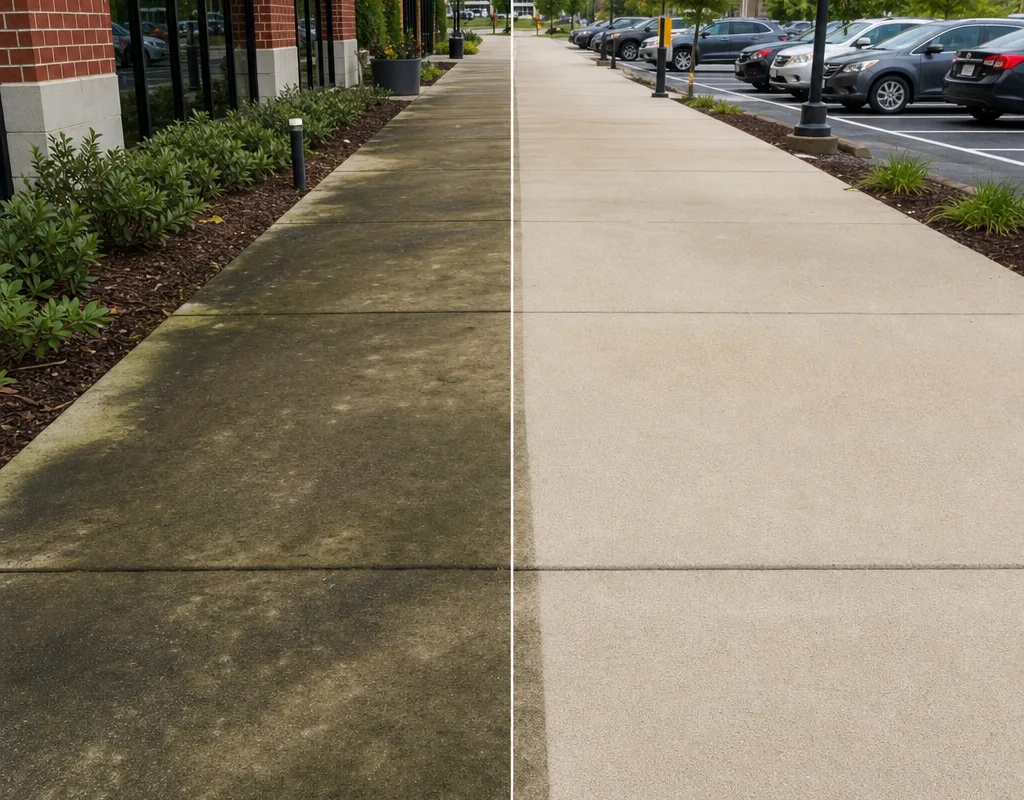 Before and after view of traffic film and algae removed from a commercial sidewalk