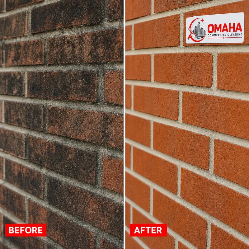 Clean masonry with reduced grime and intact mortar lines after controlled pressure washing
