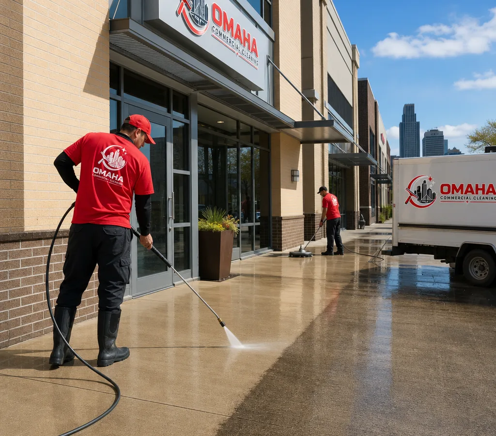 Crew power washing a commercial storefront walkway and entry canopy in Omaha