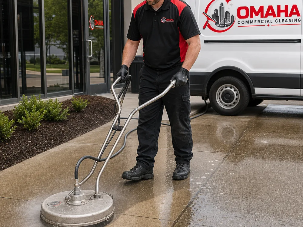 Surface cleaner attachment creating a uniform clean path on a commercial concrete walkway