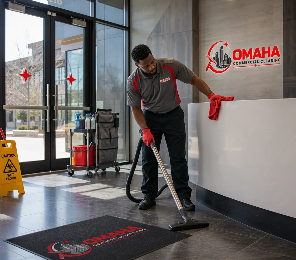 Commercial cleaner vacuuming and wiping down an Omaha office lobby entry
