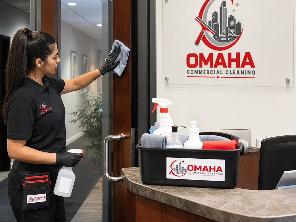 Cleaner detailing commercial-suite touchpoints with labeled supplies and microfiber cloths