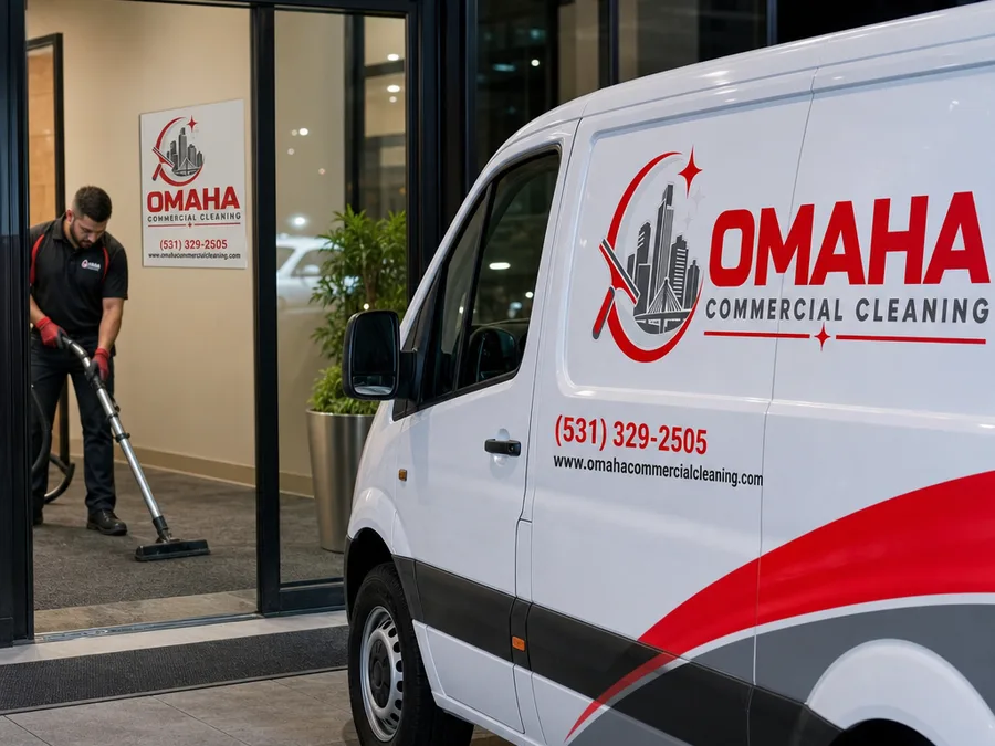 Cleaner vacuuming high-traffic entry carpet and maintaining mats during off-hours
