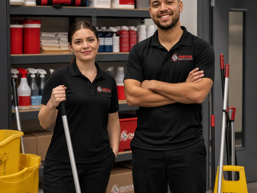 Two-person commercial cleaning team beside labeled supplies before scheduled service