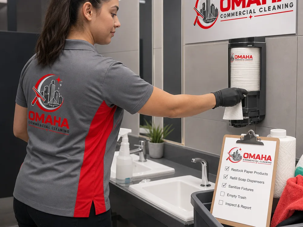 Cleaner restocking and sanitizing a commercial restroom using a visible checklist